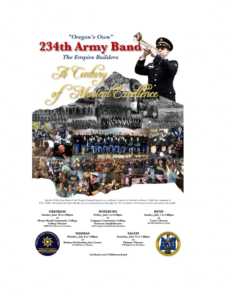 Oregon's Own 234th Army Band will perform at the PAC on Monday, July 8 at 7pm. This concert is free and open to the public. Please come and enjoy their amazing music as they celebrate "A Century of Musical Excellence."